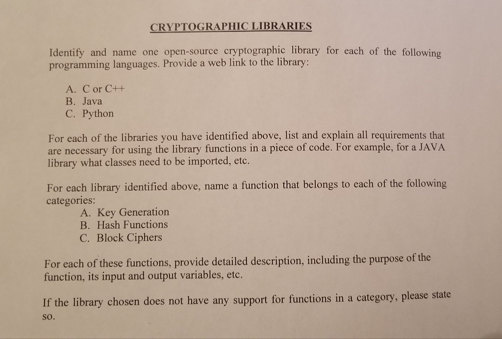 CRYPTOGRAPHIC LIBRARIES Identify and name one open-source cryptographic library for each