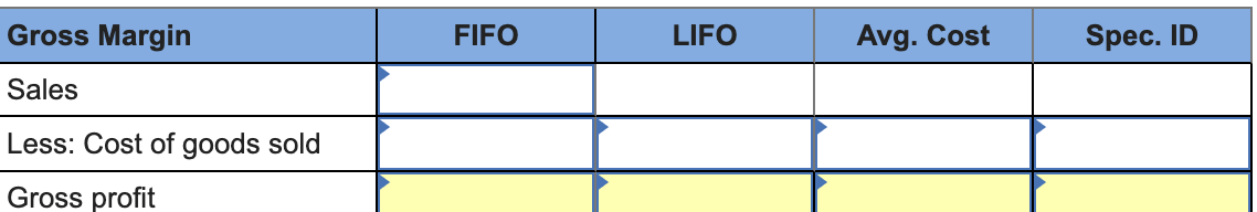 company for each of the four costing methods. For specific identification, the