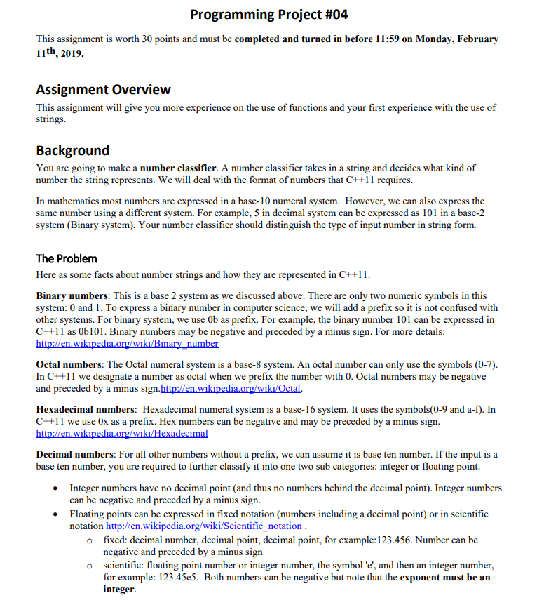 c+++++++ Programming Project #04 This assignment is worth 30 points and