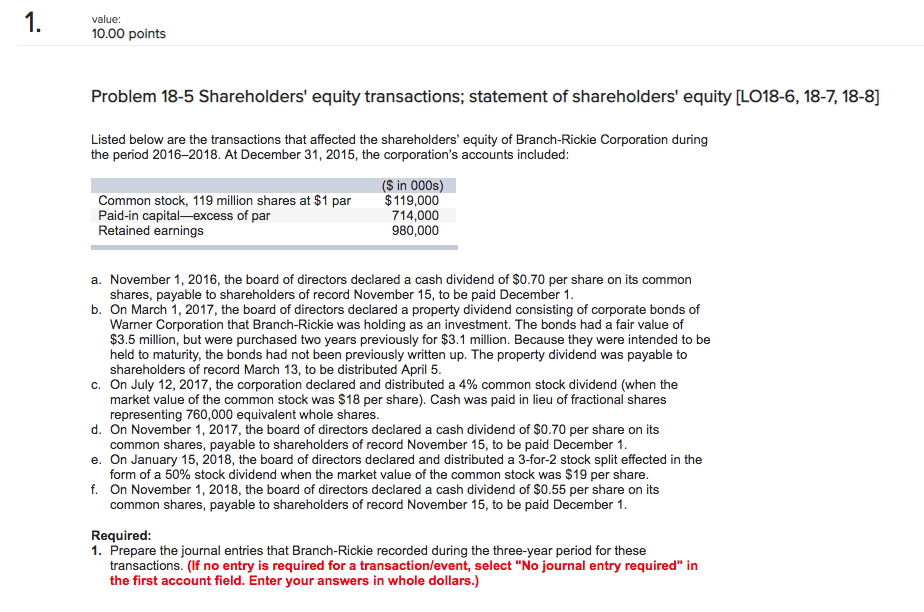  1. value: 10.00 points Problem 18-5 Shareholders' equity transactions; statement of