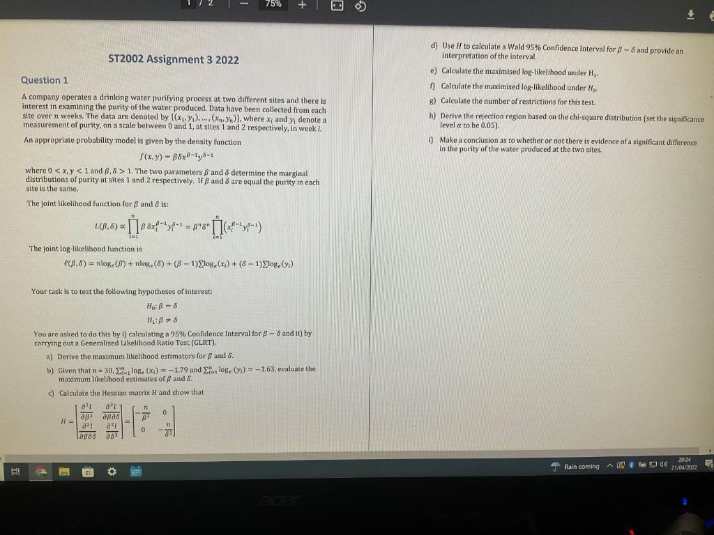 Could you please answer question h) 75% ST2002 Assignment 3 2022 Question