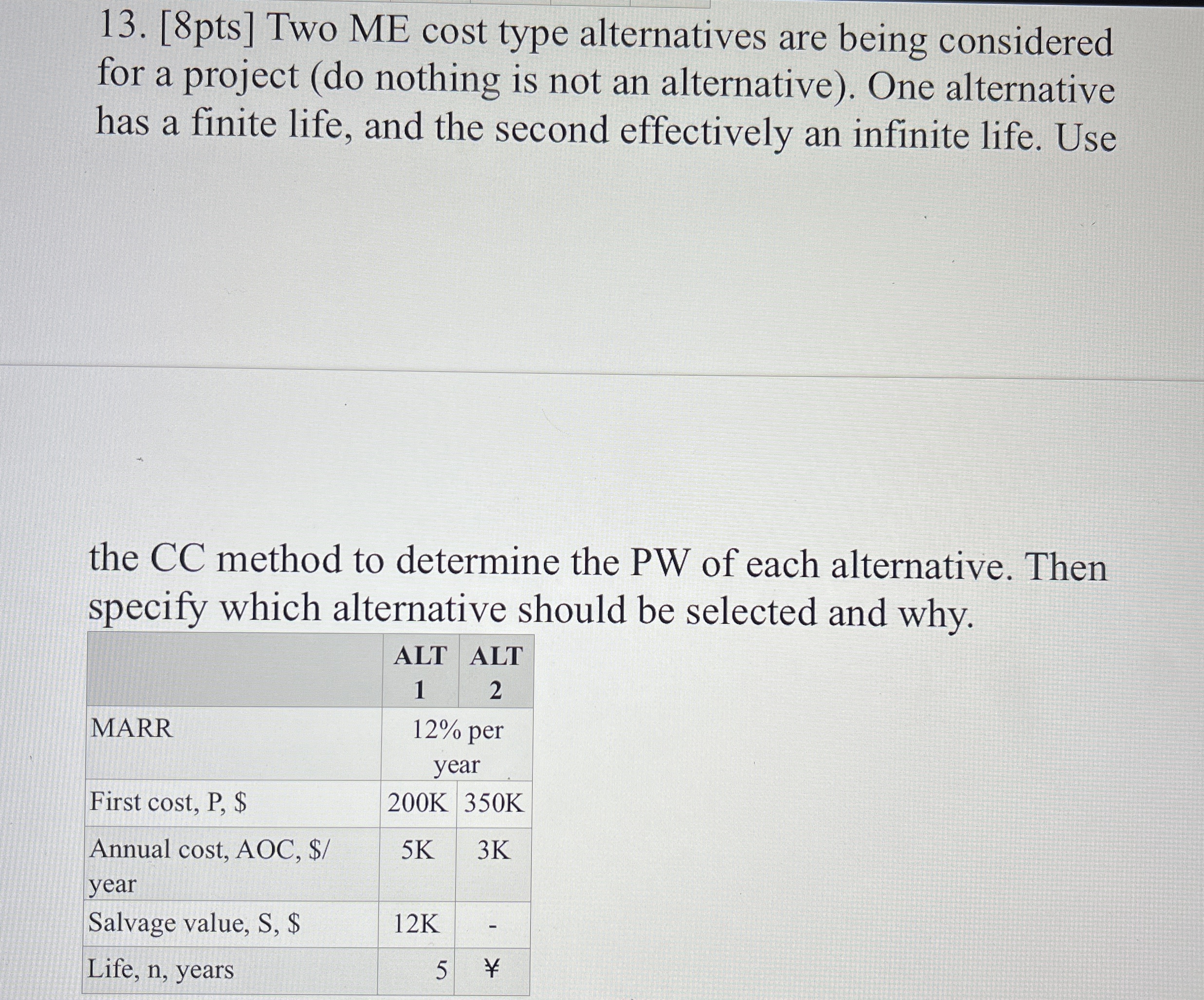  [8pts] Two ME cost type alternatives are being considered for a