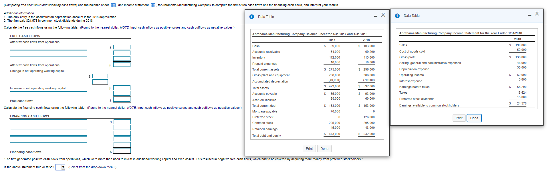  (Computing free cash flows and financing cash flows) Use the balance