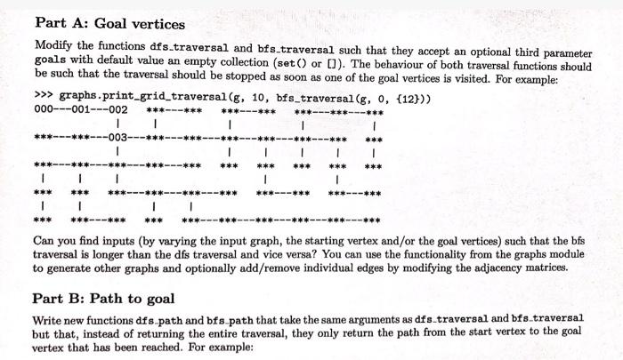  python Part A: Goal vertices Modify the functions dfs.traversal and bfs.traversal