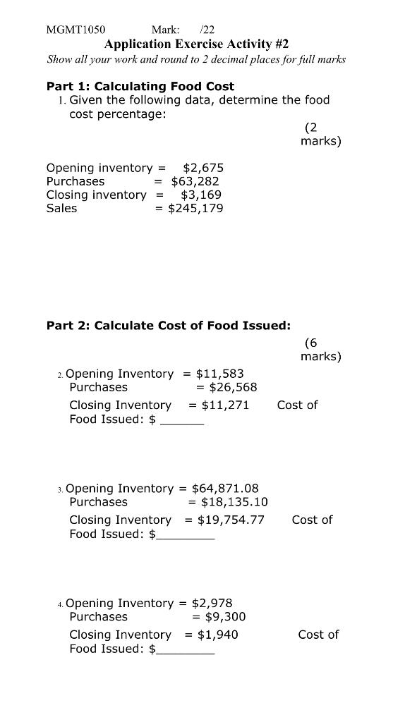 MGMT1050 Mark: /22 Application Exercise Activity #2 Show all your work