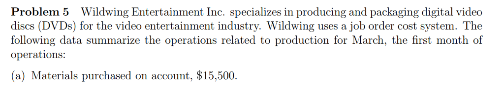 Problem 5 Wildwing Entertainment Inc. specializes in producing and packaging digital video