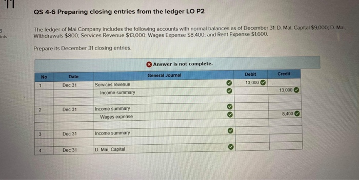 QS 4-6 Preparing closing entries from the ledger LO P2 The