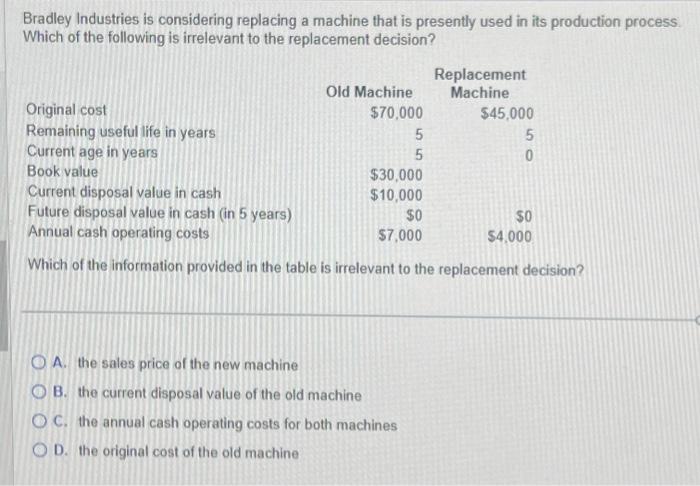 please help Q.11 Bradley Industries is considering replacing a machine that is