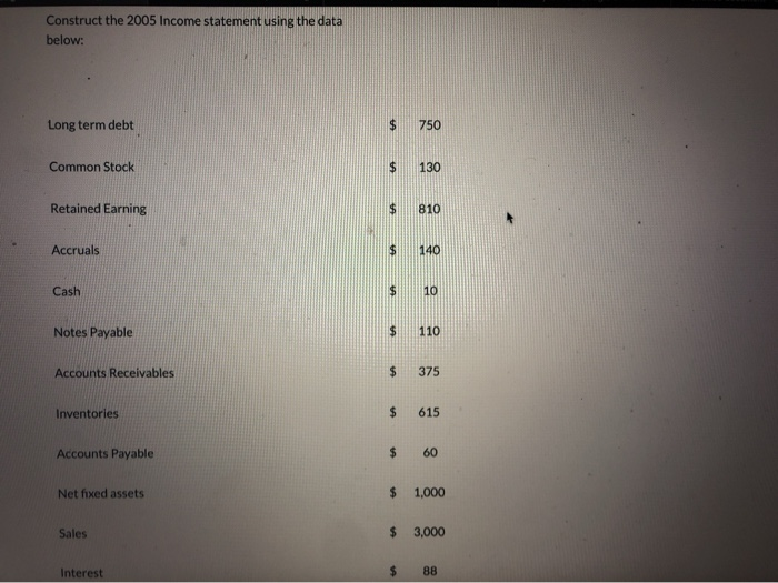  need help creating a 2005 income statement using the data below.