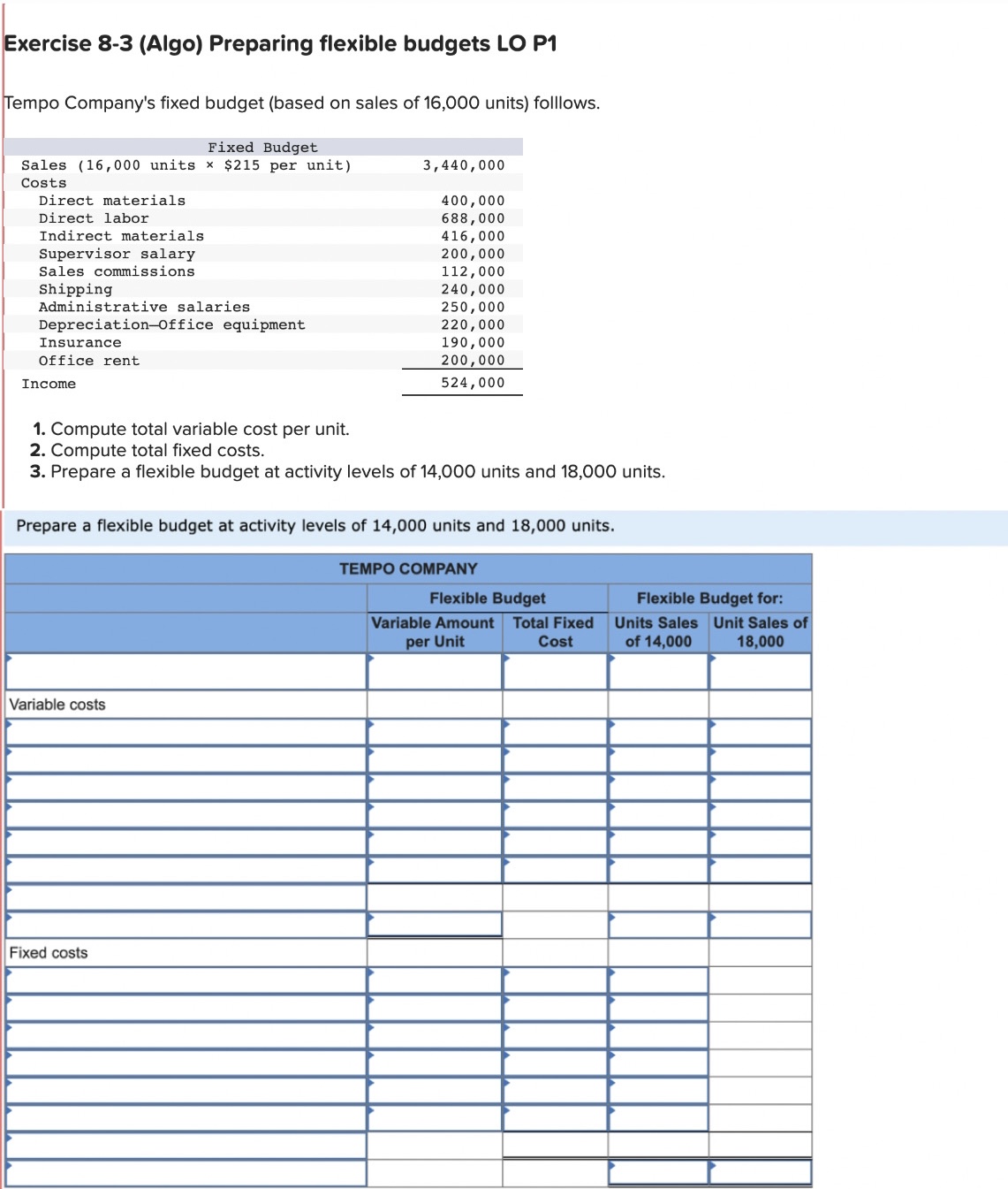  Exercise 8-3(Algo) Preparing flexible budgets LO P1 Tempo Company's fixed budget