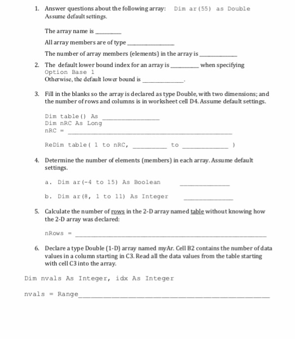  1 Answer questions about the following array: Dim ar (55) as