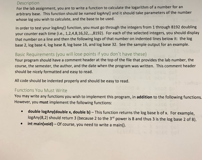  Description For the lab assignment, you are to write a function