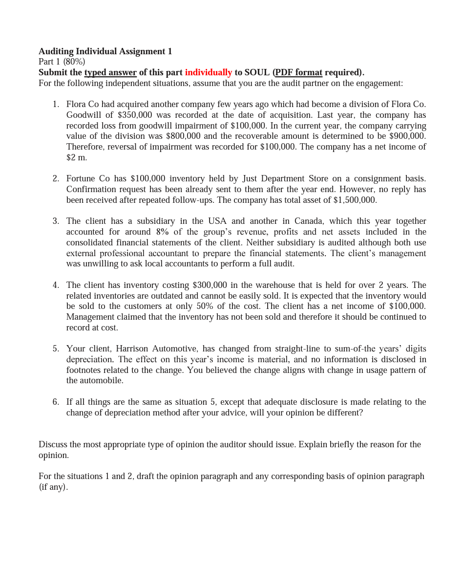 Auditing Individual Assignment 1 Part 1 (80%) Submit the typed answer