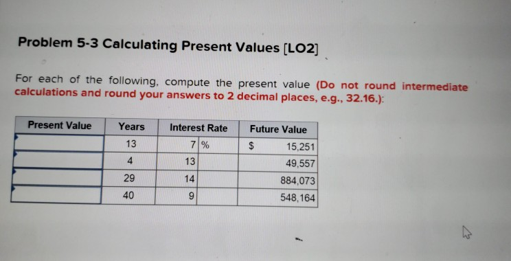Problem 5-3 Calculating Present Values (LO2) For each of the following,