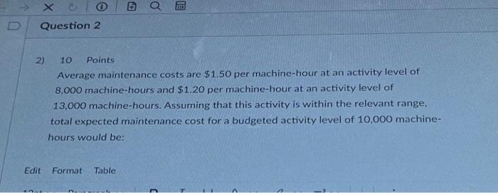  2) 10 Points Average maintenance costs are $1.50 per machine-hour at