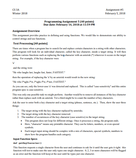 BASIC PYTHON PROGRAM QUESTION (PHOTO) CS 3A Winter 2018 Assignment #5 February