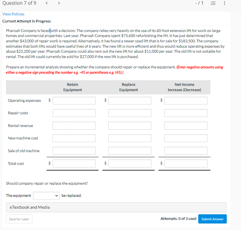 Question 7 of 9 -/1 E View Policies Current Attempt in