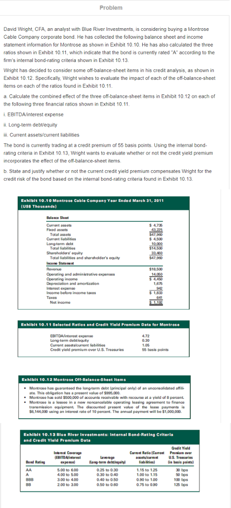  Problem David Wright, CFA, an analyst with Blue River Investments, is