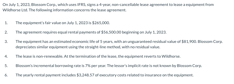  On July 1,2023, Blossom Corp., which uses IFRS, signs a 4-year,