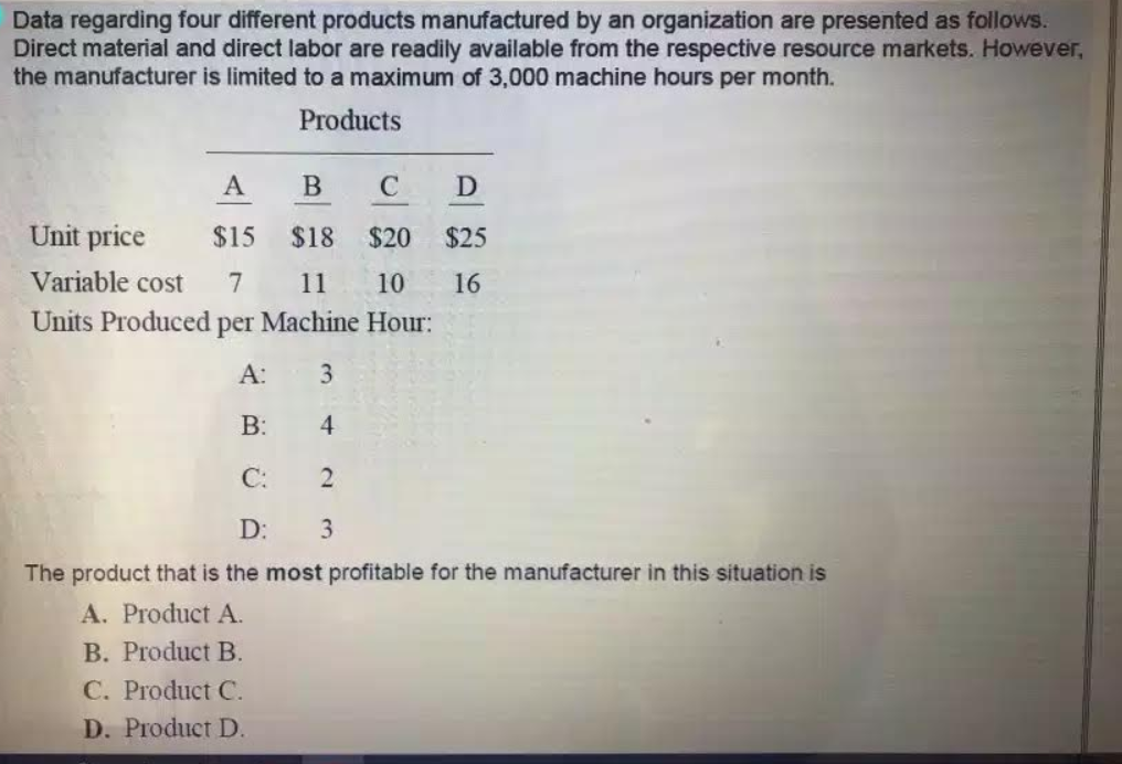 The correct answer is B Data regarding four different products manufactured