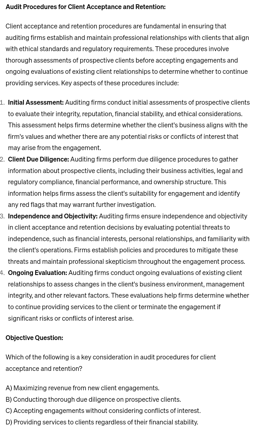  Audit Procedures for Client Acceptance and Retention: Client acceptance and retention
