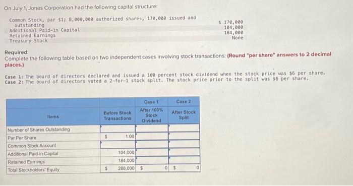  Required: Complete the following table based on two independent cases involving
