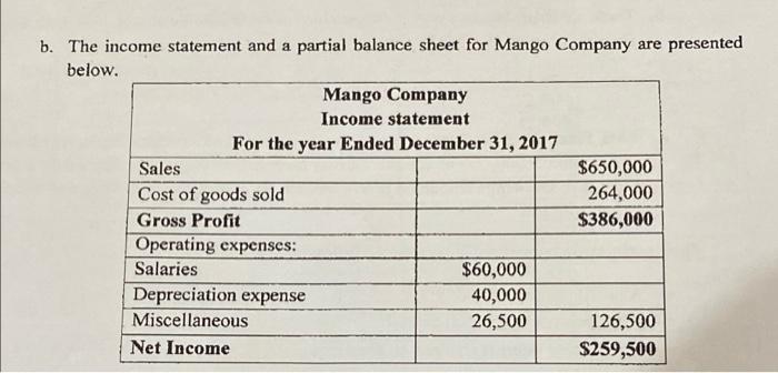 please answer the Required b. The income statement and a partial balance