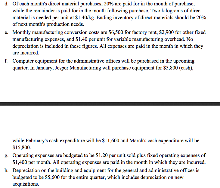for the first quarter of the upcoming year. The following data pertain