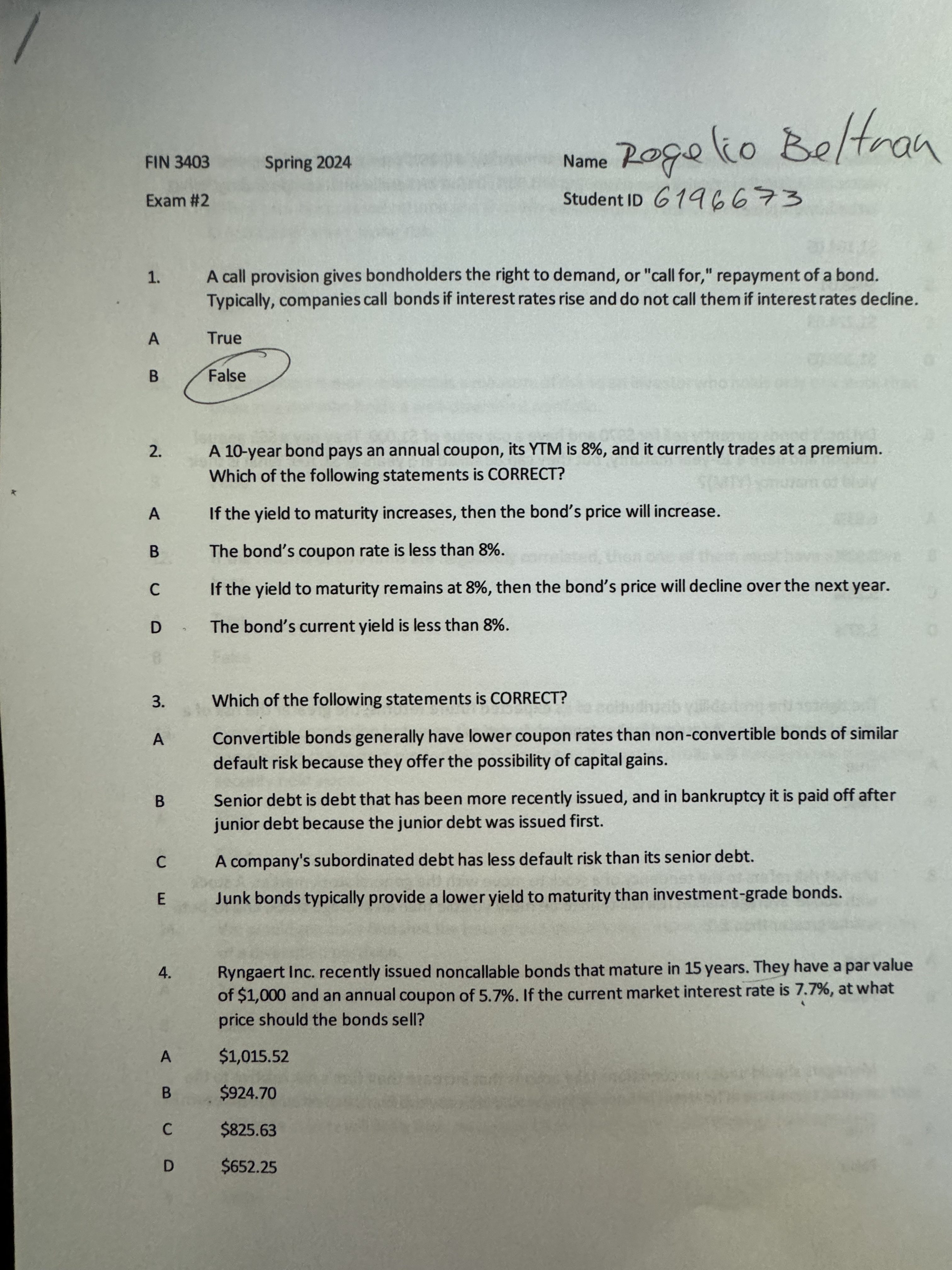  FIN 3403 Spring 2024 Name Roge lio Beltran Exam #2 Student