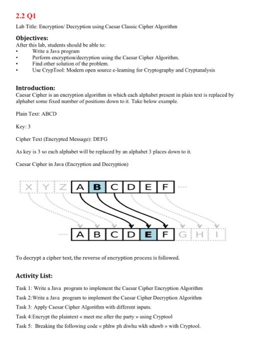  2.2Q1 Lab Title: Encryption/Decryption using Caesar Classic Cipher Algorithm Objectives: After