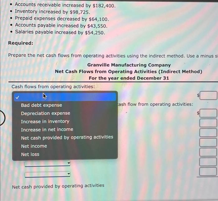 during the year: - Accounts receivable increased by $182,400. - Inventory increased