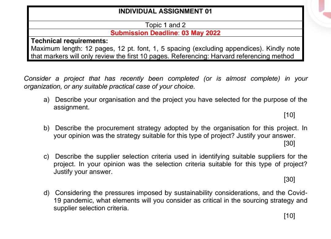  INDIVIDUAL ASSIGNMENT 01 Topic 1 and 2 Submission Deadline: 03 May