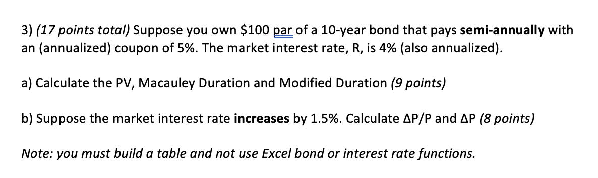  (17 points total) Suppose you own $100 par of a 10-year