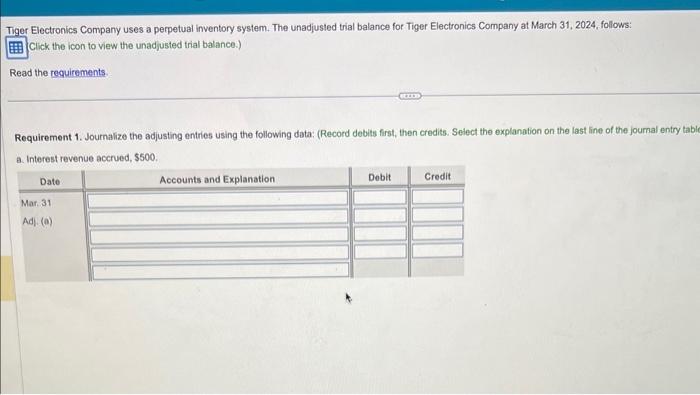unadjusted trial balance for Tiger Electronics Company at March 31,2024 , follows: