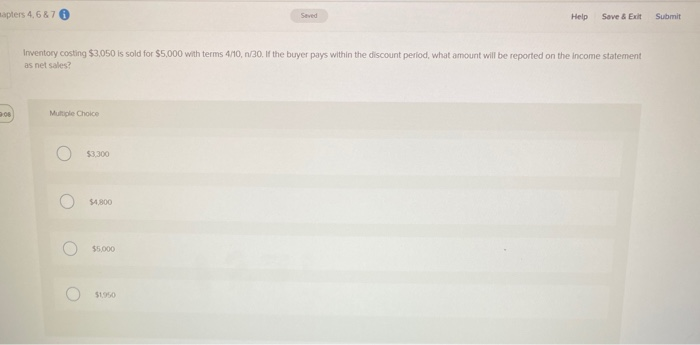  apters 4,687 Seved Help Save & Exit Submit Inventory costing $3,050