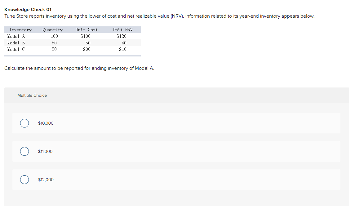 Knowledge Check 01 Tune Store reports inventory using the lower of