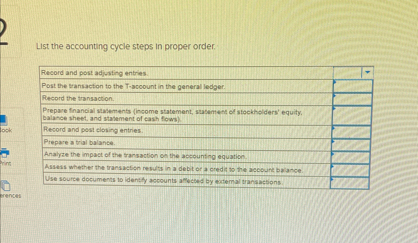  List the accounting cycle steps in proper order. \table[[Record and post