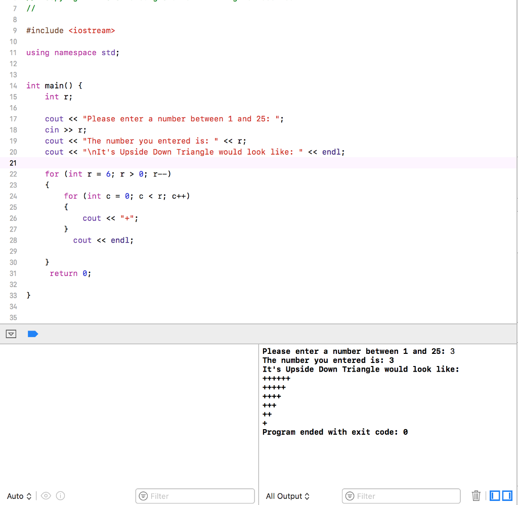 Write a program (C++) to produce an upside down triangle similar to