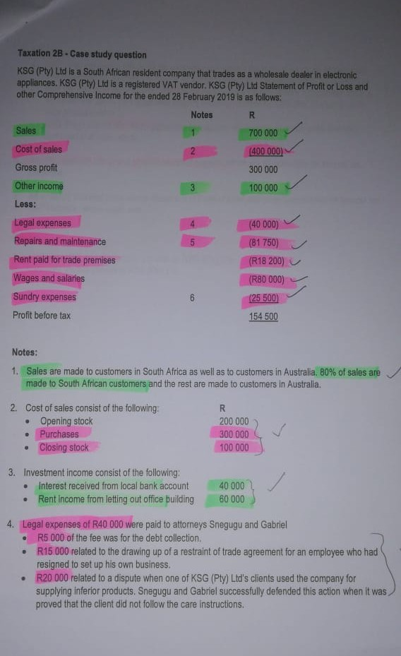 Taxation 2B - Case study question KSG (Ply) Ltd is a