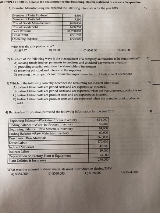  MULTIPLE CHOICE. Choose the one alternative that best completes the statement