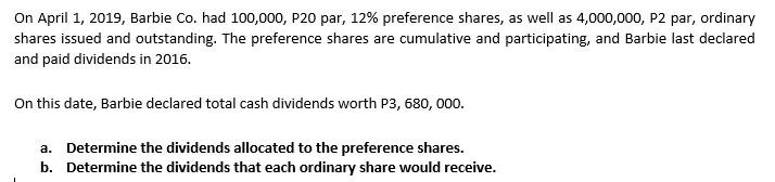  please show COMPLETE SOLUTION On April 1, 2019, Barbie Co. had