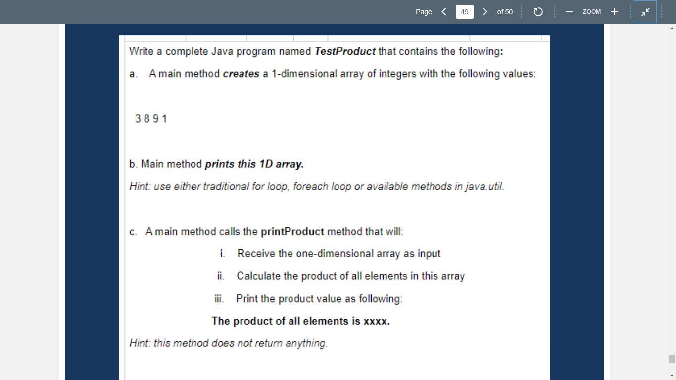 please solve Write a complete Java program named TestProduct that contains the