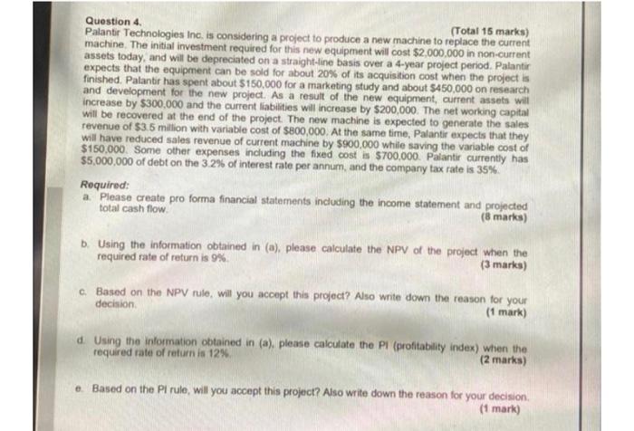  Question 4 (Total 15 marks) Palantir Technologies Inc. is considering a