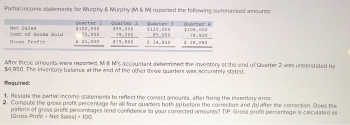  Partial income statements for Murphy & Murphy (M& M) reported the