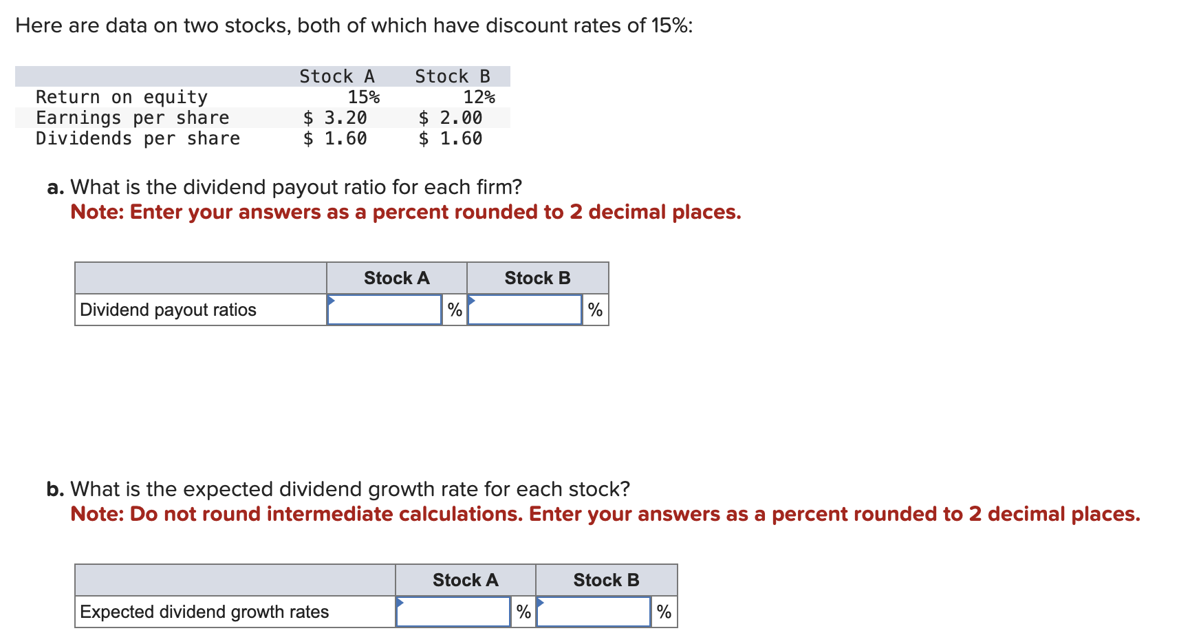 Need help with A & B Here are data on two stocks,