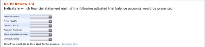  Do It! Review 4-3 Indicate in which financial statement each of