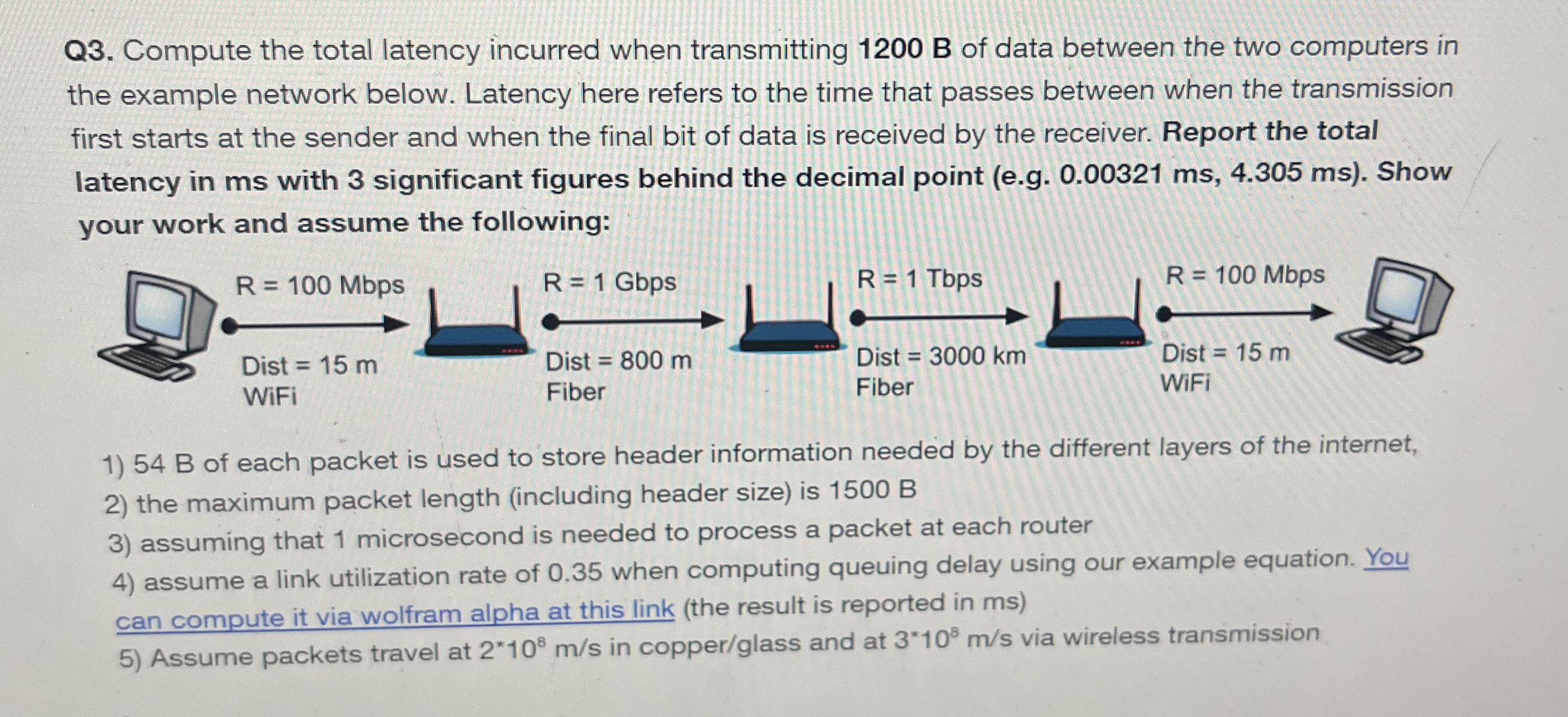  Q3. Compute the total latency incurred when transmitting 1200B of data