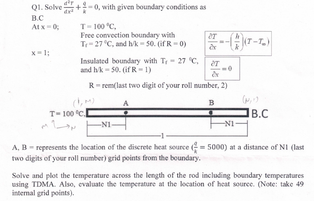  Q1. Solve d2Tdx2+(q)k=0, with given boundary conditions as B.C Atx=0;,T=100C, Free