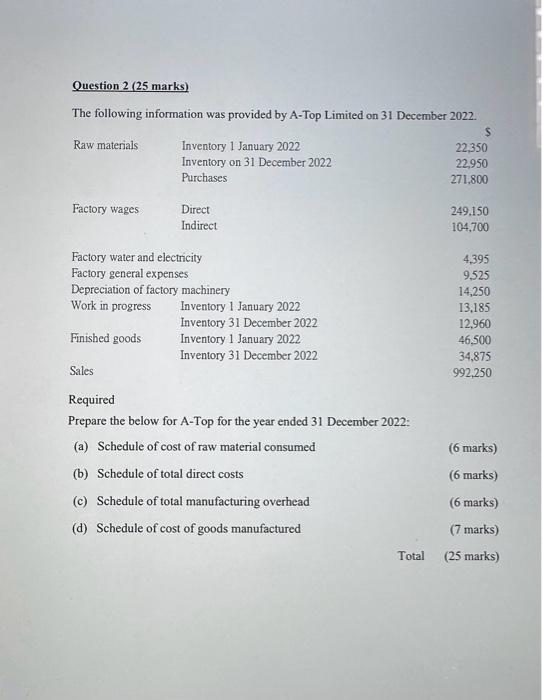 2a b plz Question 2 (25 marks) The following information was provided