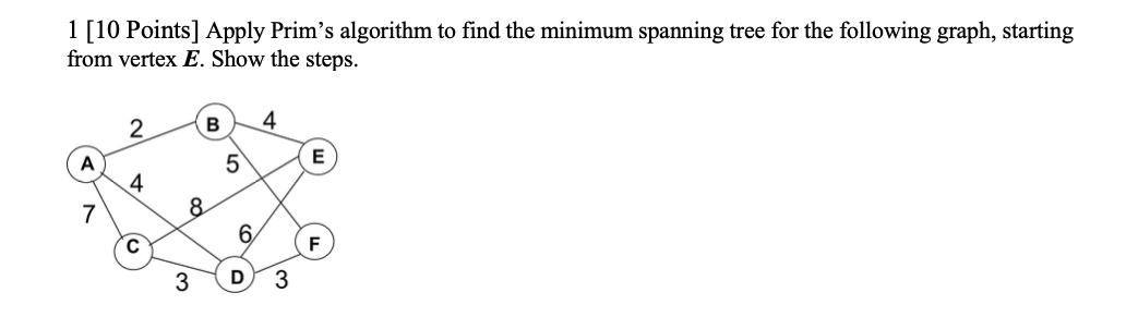  1 [10 Points) Apply Prim's algorithm to find the minimum spanning